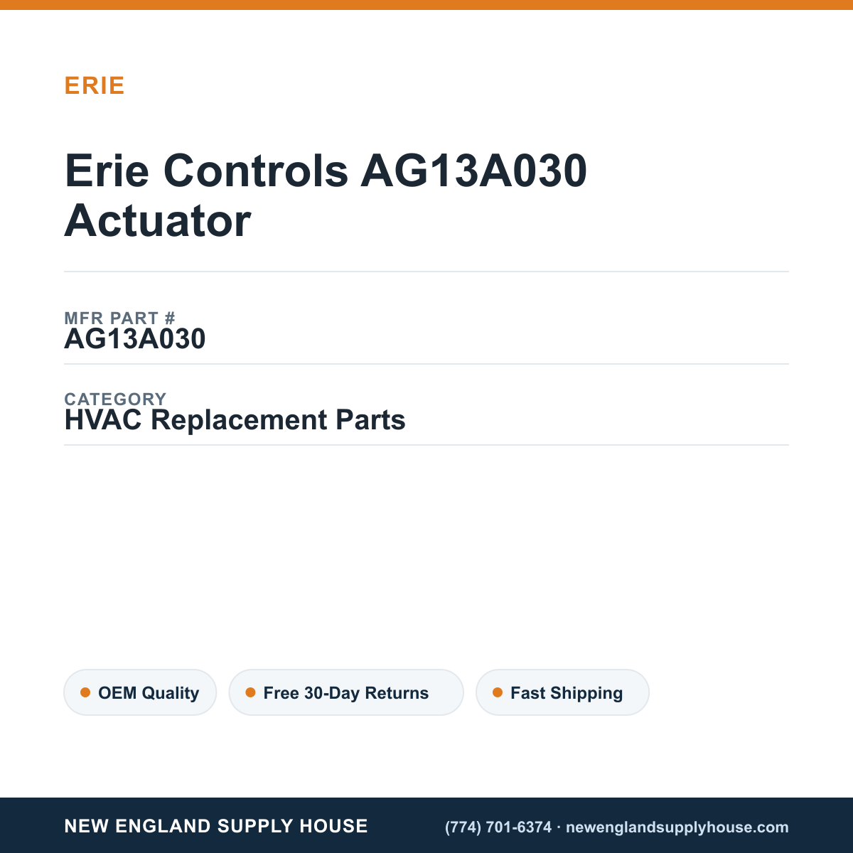 Erie Controls AG13A030 Actuator — New England Supply House spec card [NESH-SPEC-CARD-V2]