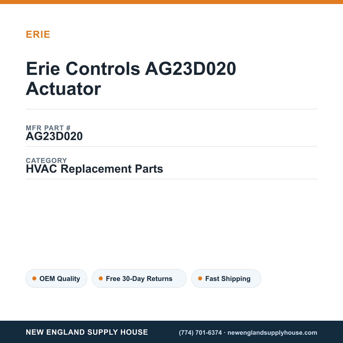 Erie Controls AG23D020 Actuator — New England Supply House spec card [NESH-SPEC-CARD-V2]