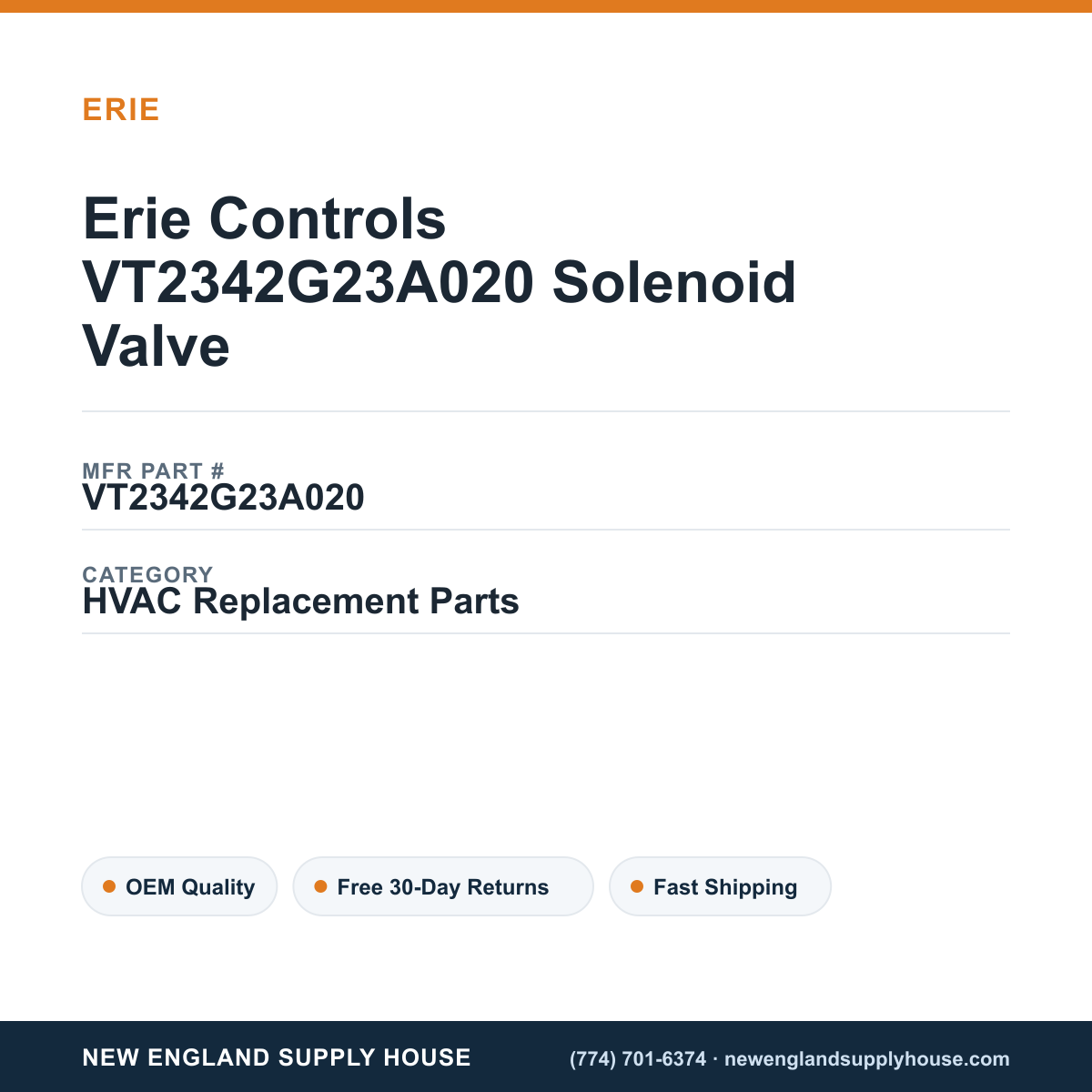 Erie Controls VT2342G23A020 Solenoid Valve — New England Supply House spec card [NESH-SPEC-CARD-V2]