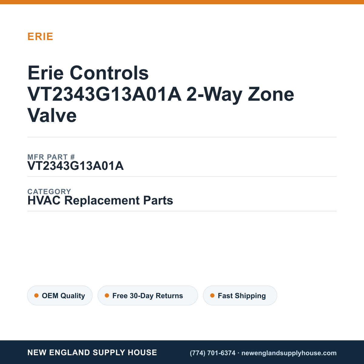 Erie Controls VT2343G13A01A 2-Way Zone Valve — New England Supply House spec card [NESH-SPEC-CARD-V2]