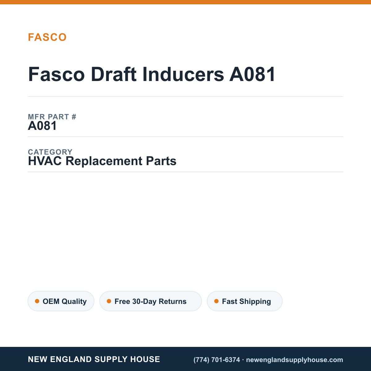 Fasco Draft Inducers A081 — New England Supply House spec card [NESH-SPEC-CARD-V2]