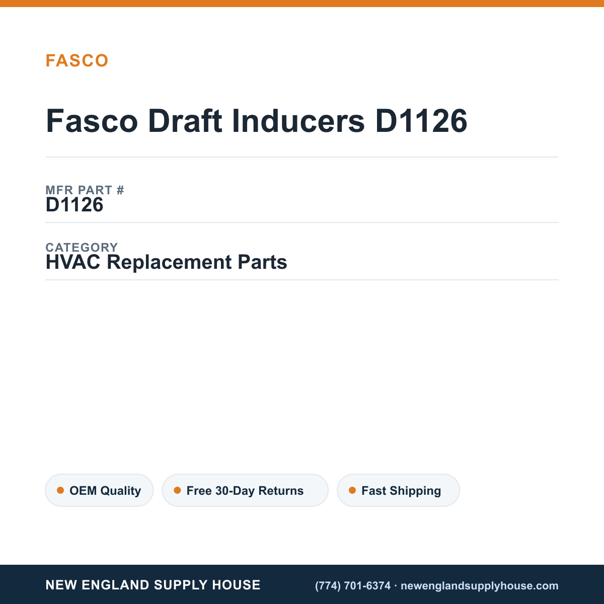 Fasco Draft Inducers D1126 — New England Supply House spec card [NESH-SPEC-CARD-V2]
