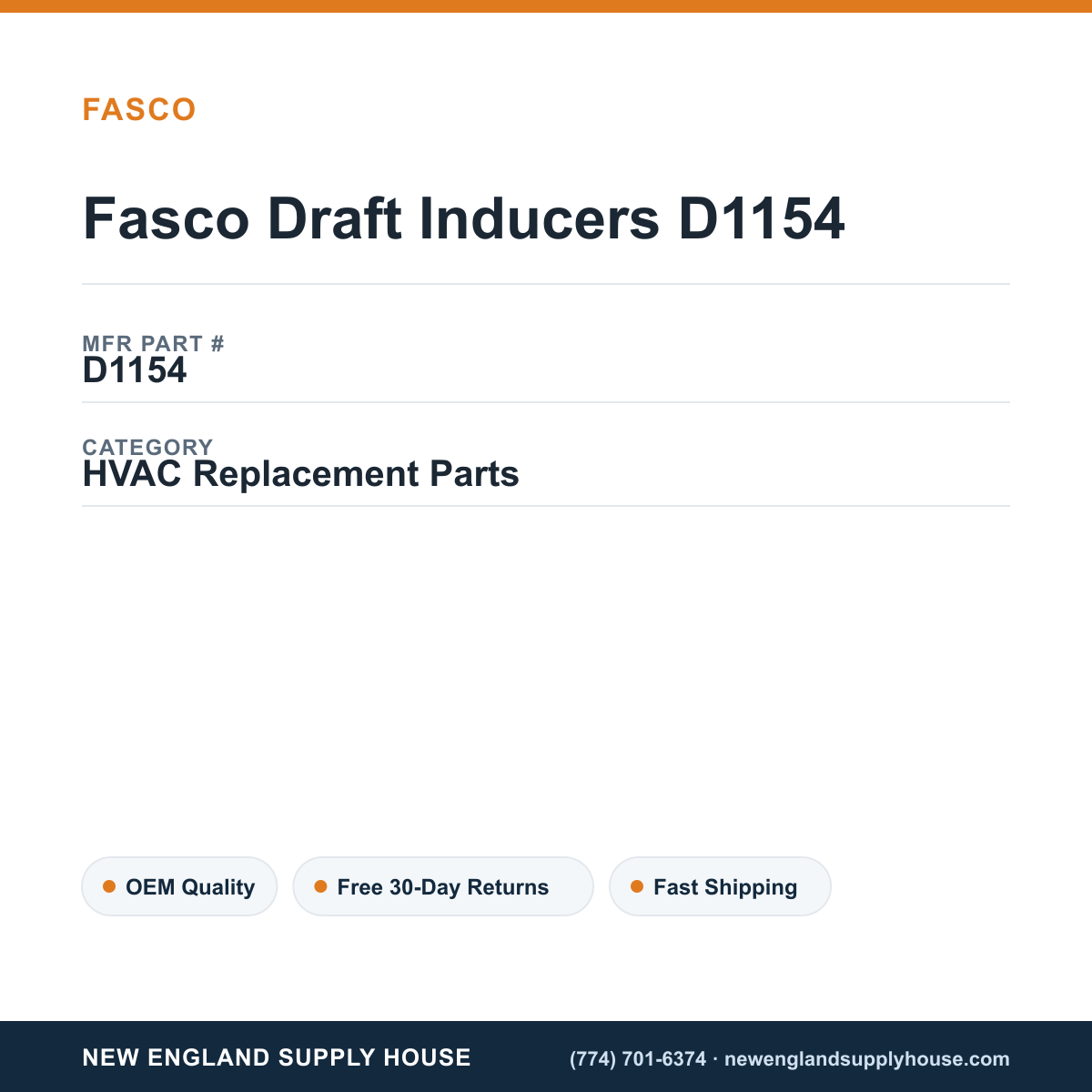 Fasco Draft Inducers D1154 — New England Supply House spec card [NESH-SPEC-CARD-V2]