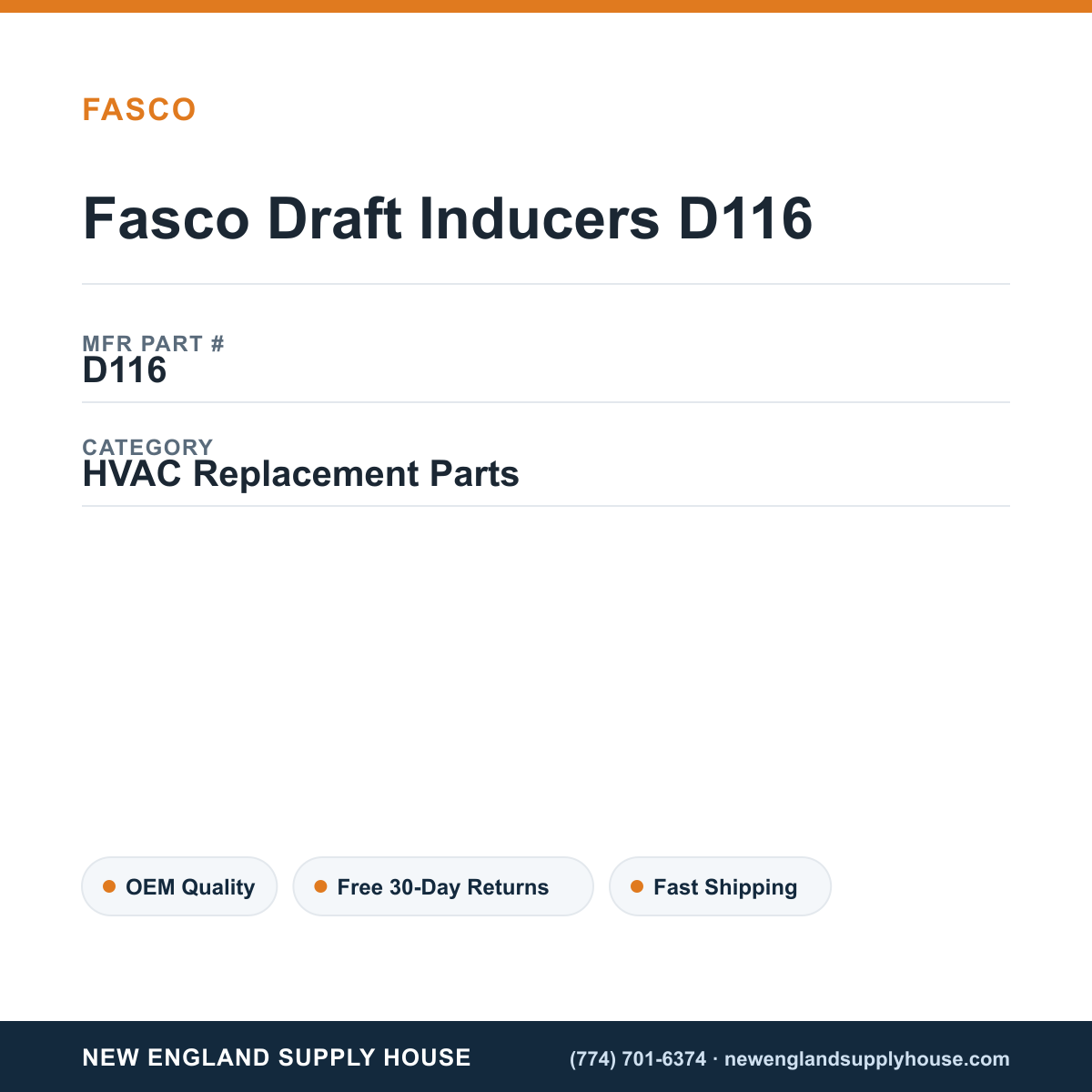 Fasco Draft Inducers D116 — New England Supply House spec card [NESH-SPEC-CARD-V2]