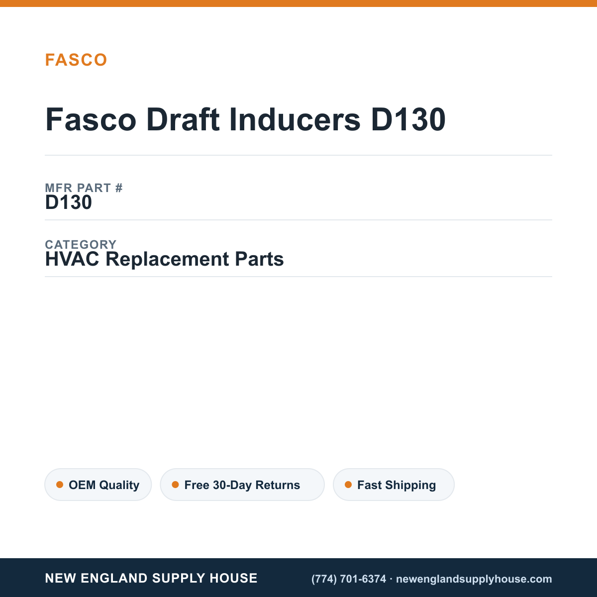 Fasco Draft Inducers D130 — New England Supply House spec card [NESH-SPEC-CARD-V2]