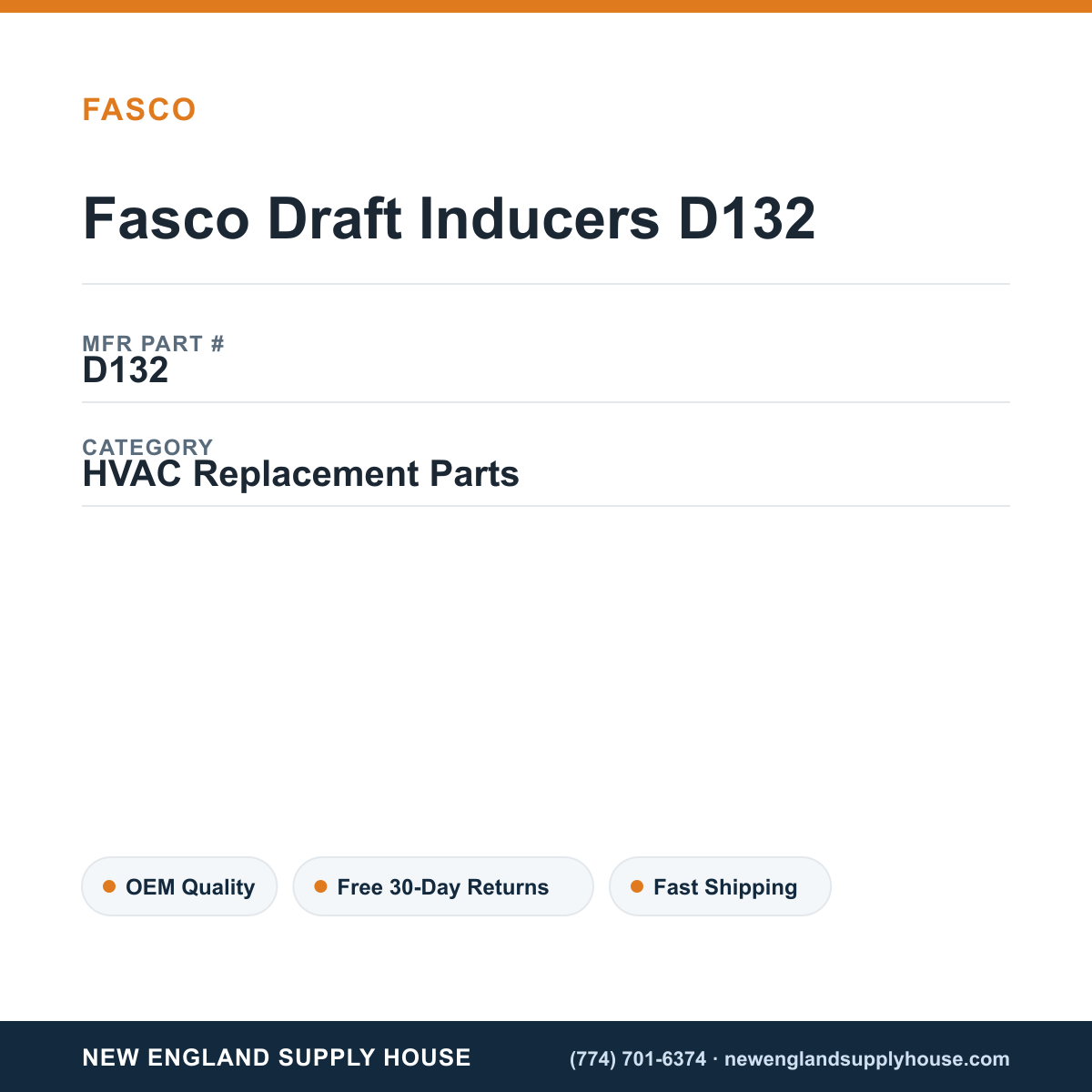 Fasco Draft Inducers D132 — New England Supply House spec card [NESH-SPEC-CARD-V2]