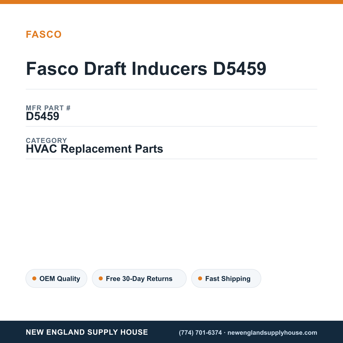 Fasco Draft Inducers D5459 — New England Supply House spec card [NESH-SPEC-CARD-V2]