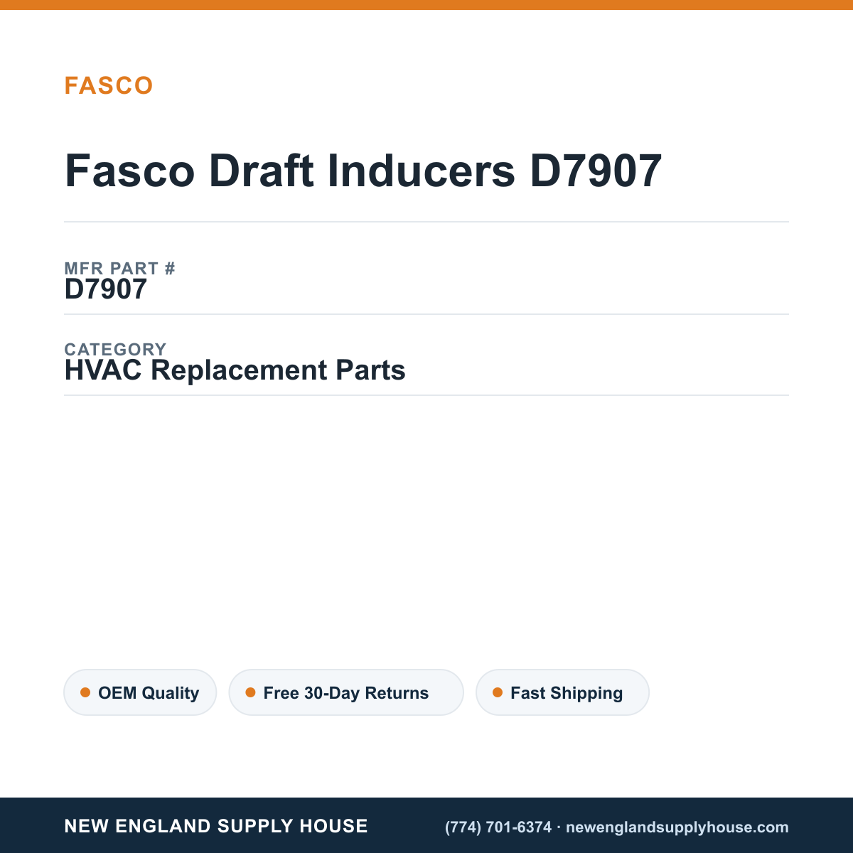 Fasco Draft Inducers D7907 — New England Supply House spec card [NESH-SPEC-CARD-V2]