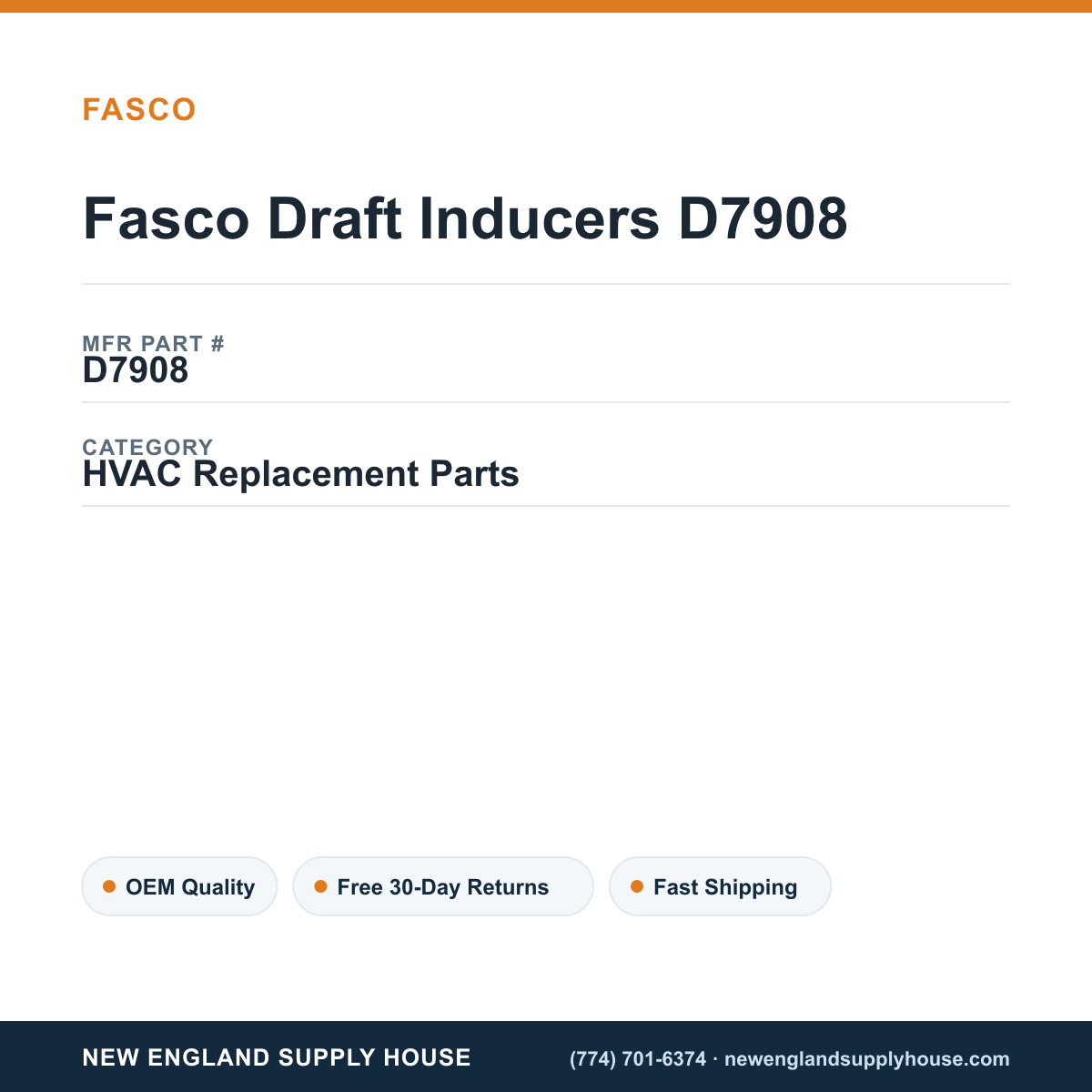 Fasco Draft Inducers D7908 — New England Supply House spec card [NESH-SPEC-CARD-V2]