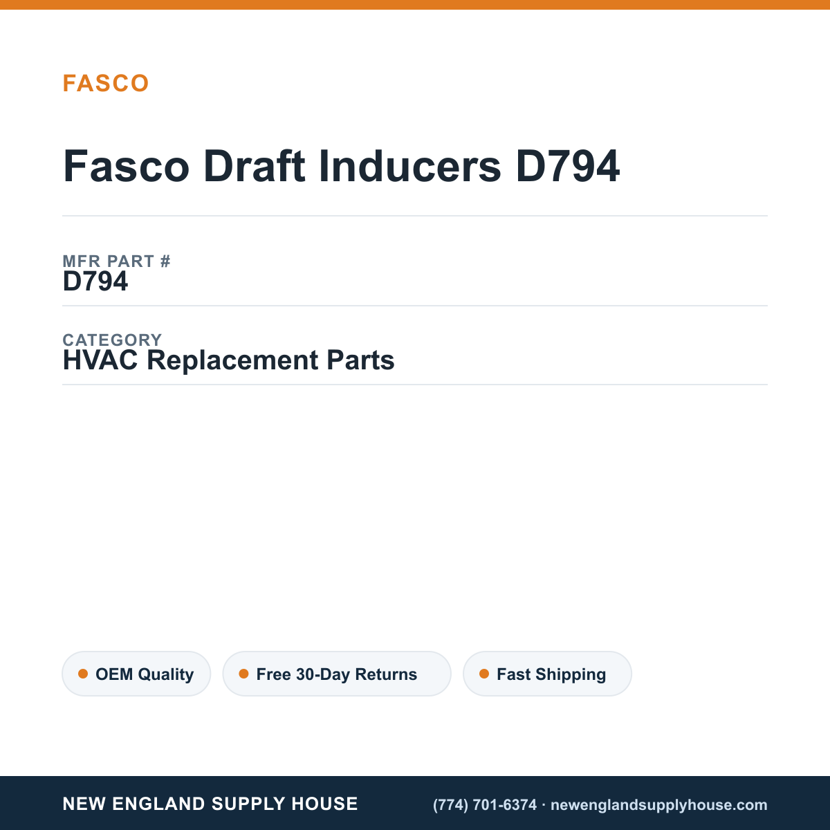 Fasco Draft Inducers D794 — New England Supply House spec card [NESH-SPEC-CARD-V2]