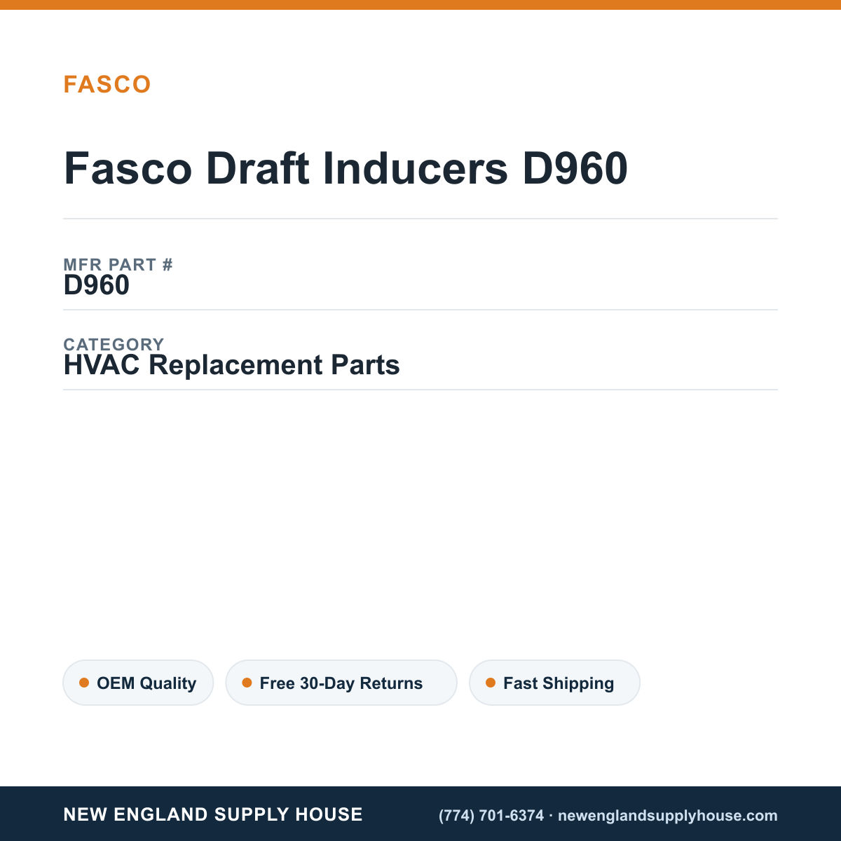 Fasco Draft Inducers D960 — New England Supply House spec card [NESH-SPEC-CARD-V2]