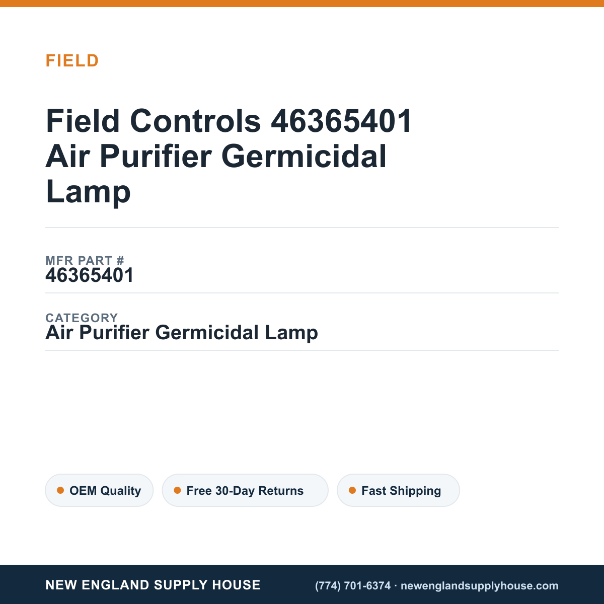 Field Controls 46365401 Air Purifier Germicidal Lamp — New England Supply House spec card [NESH-SPEC-CARD-V2]