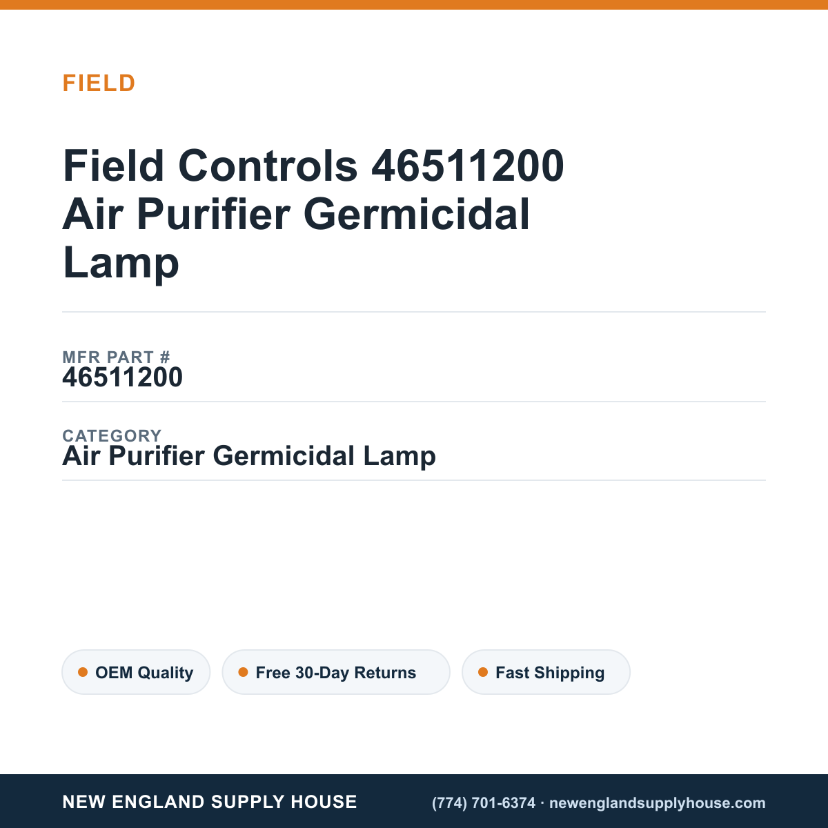 Field Controls 46511200 Air Purifier Germicidal Lamp — New England Supply House spec card [NESH-SPEC-CARD-V2]