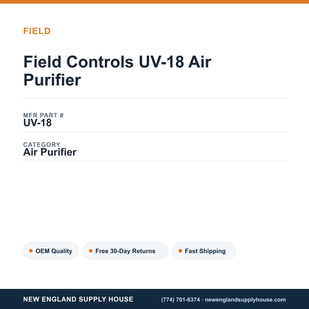 Field Controls UV-18 Air Purifier — New England Supply House spec card [NESH-SPEC-CARD-V2]