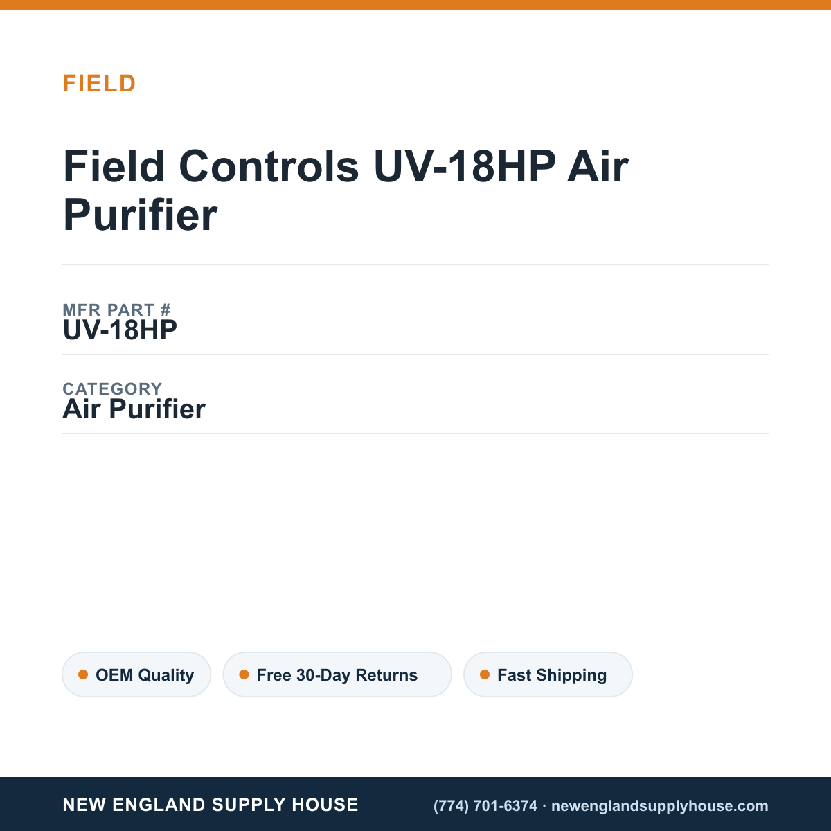 Field Controls UV-18HP Air Purifier — New England Supply House spec card [NESH-SPEC-CARD-V2]