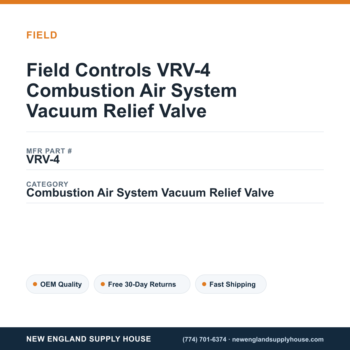 Field Controls VRV-4 Combustion Air System Vacuum Relief Valve — New England Supply House spec card [NESH-SPEC-CARD-V2]