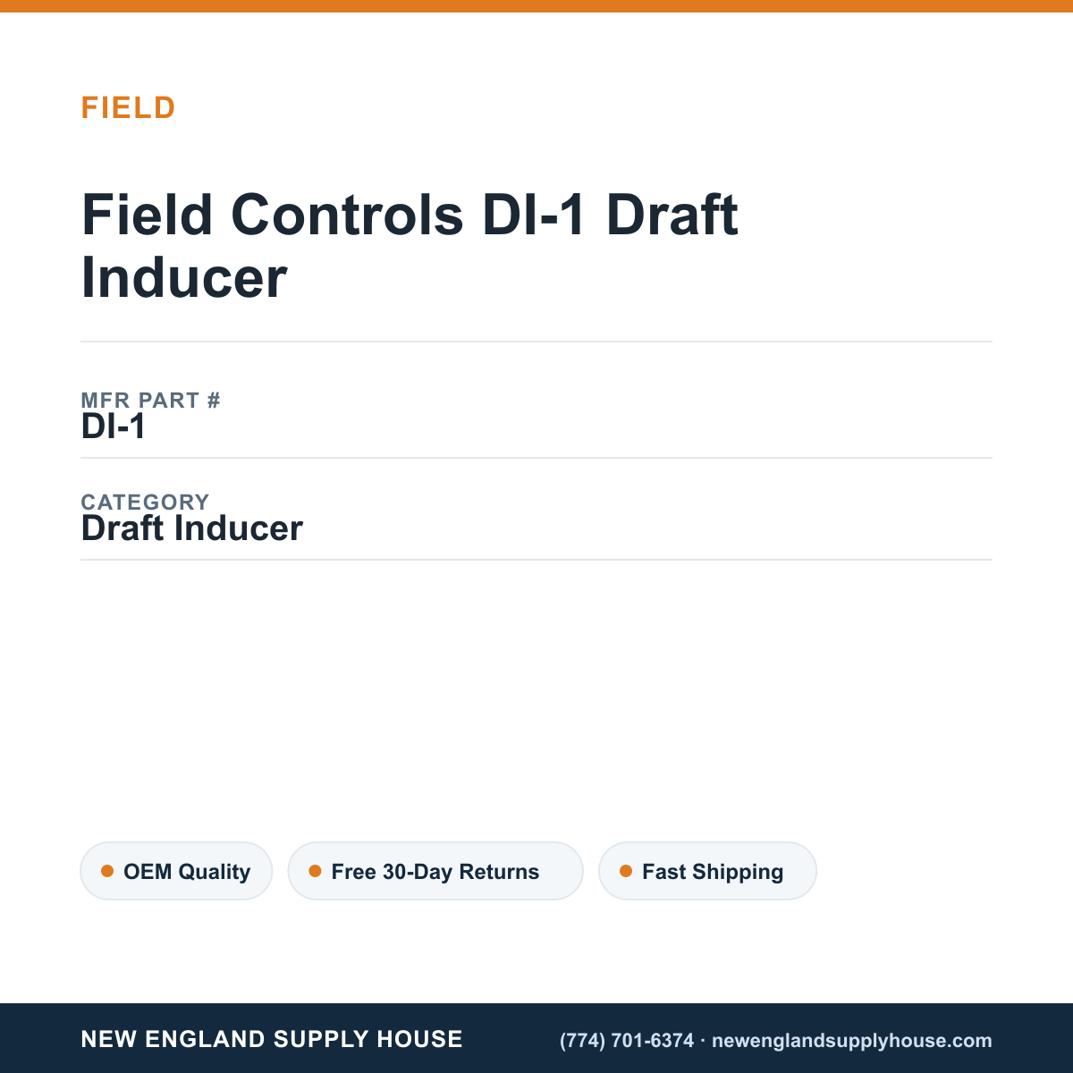 Field Controls DI-1 Draft Inducer — New England Supply House spec card [NESH-SPEC-CARD-V2]