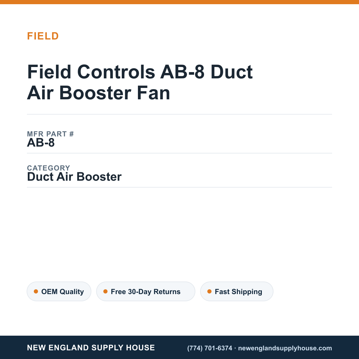 Field Controls AB-8 Duct Air Booster Fan — New England Supply House spec card [NESH-SPEC-CARD-V2]