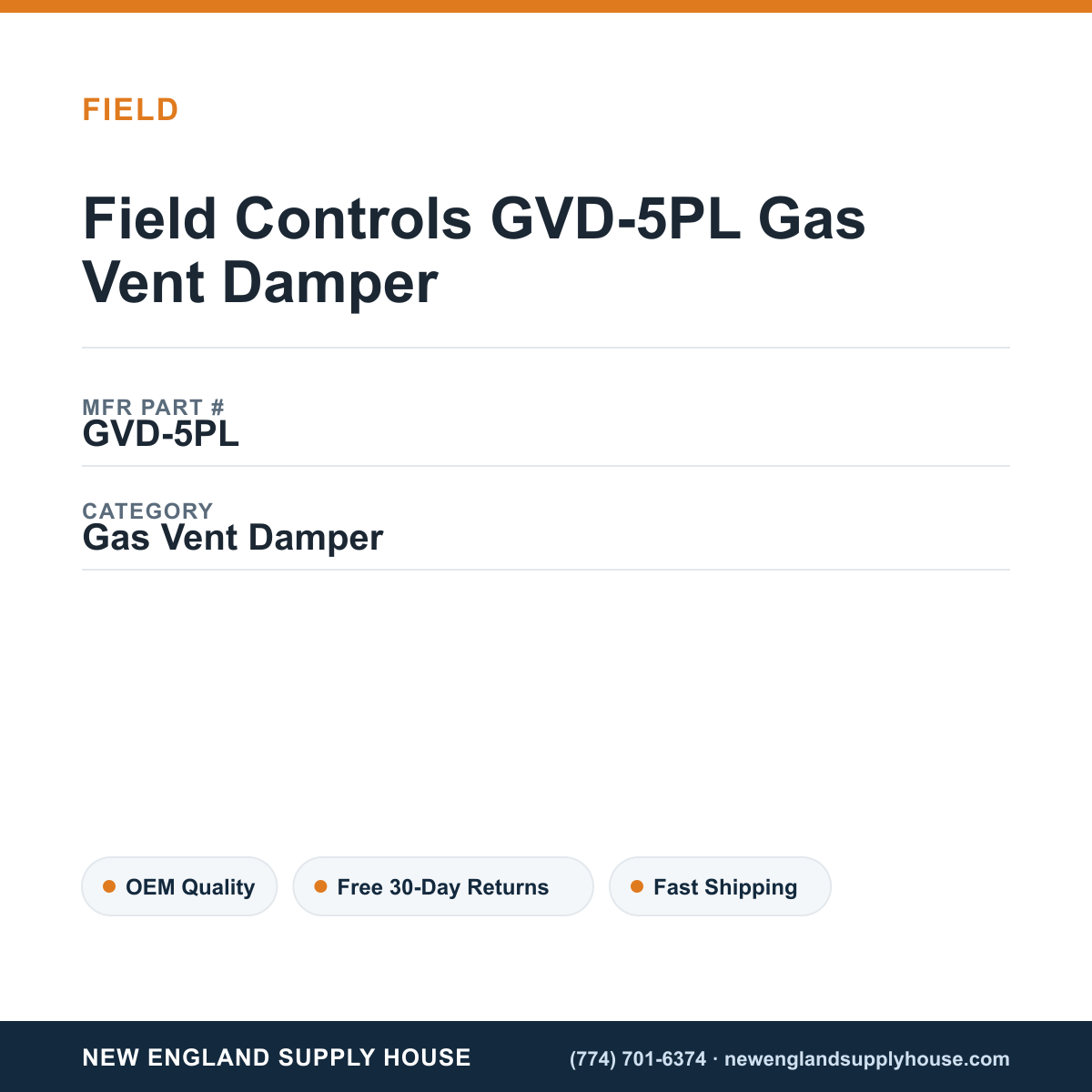 Field Controls GVD-5PL Gas Vent Damper — New England Supply House spec card [NESH-SPEC-CARD-V2]