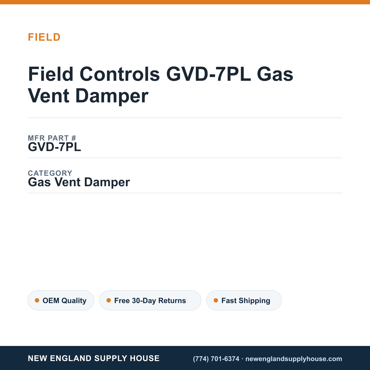 Field Controls GVD-7PL Gas Vent Damper — New England Supply House spec card [NESH-SPEC-CARD-V2]