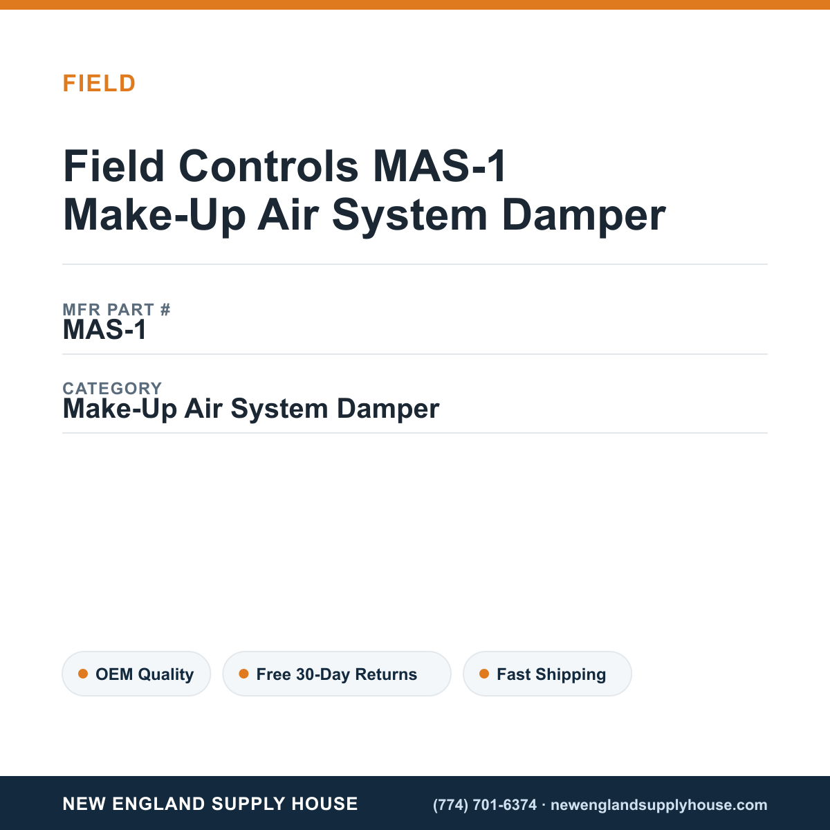 Field Controls MAS-1 Make-Up Air System Damper — New England Supply House spec card [NESH-SPEC-CARD-V2]