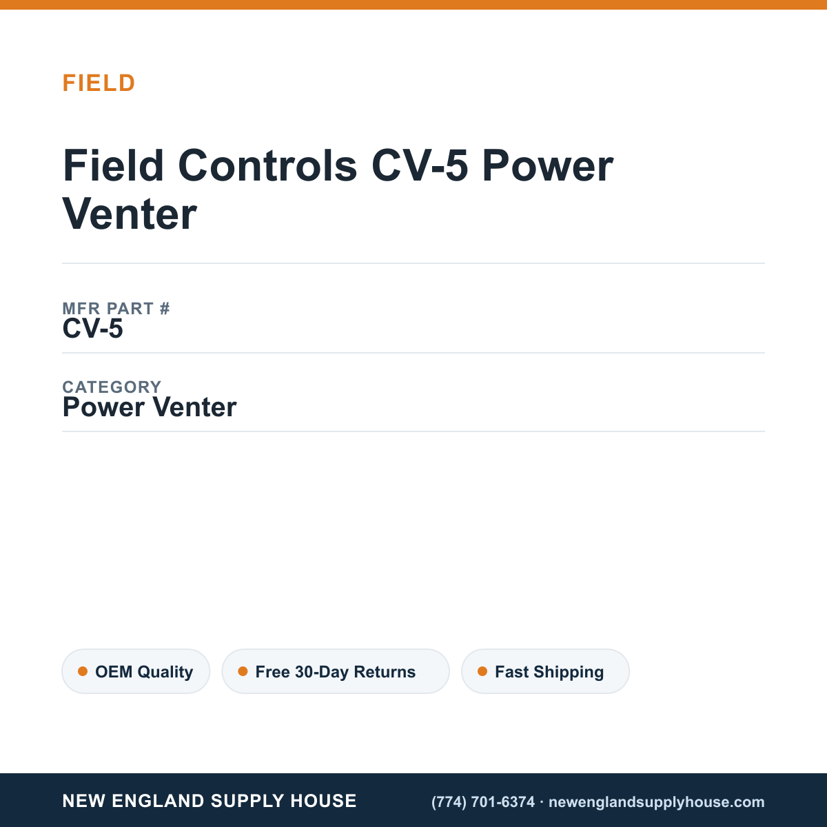 Field Controls CV-5 Power Venter — New England Supply House spec card [NESH-SPEC-CARD-V2]