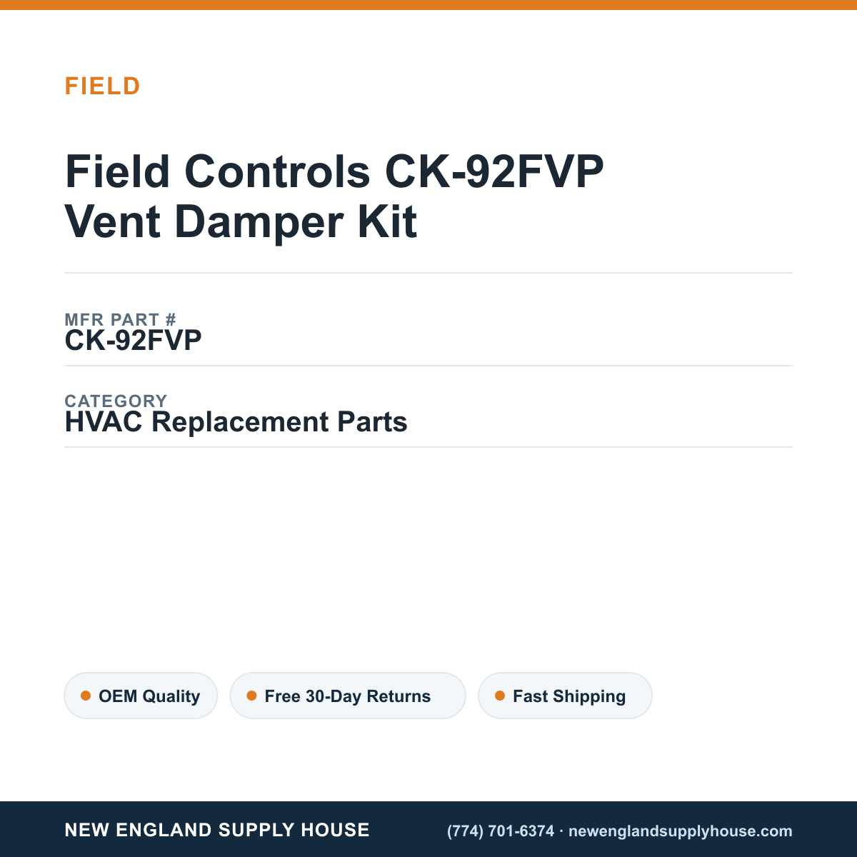 Field Controls CK-92FVP Vent Damper Kit — New England Supply House spec card [NESH-SPEC-CARD-V2]