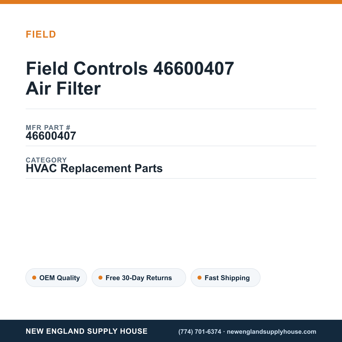 Field Controls 46600407 Air Filter — New England Supply House spec card [NESH-SPEC-CARD-V2]
