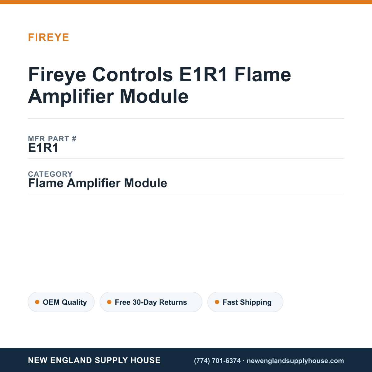 Fireye Controls E1R1 Flame Amplifier Module — New England Supply House spec card [NESH-SPEC-CARD-V2]