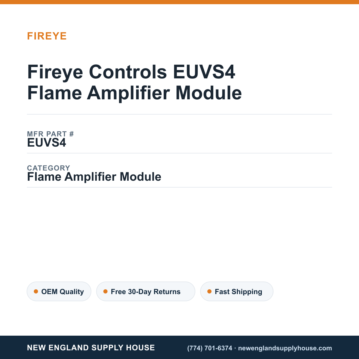Fireye Controls EUVS4 Flame Amplifier Module — New England Supply House spec card [NESH-SPEC-CARD-V2]