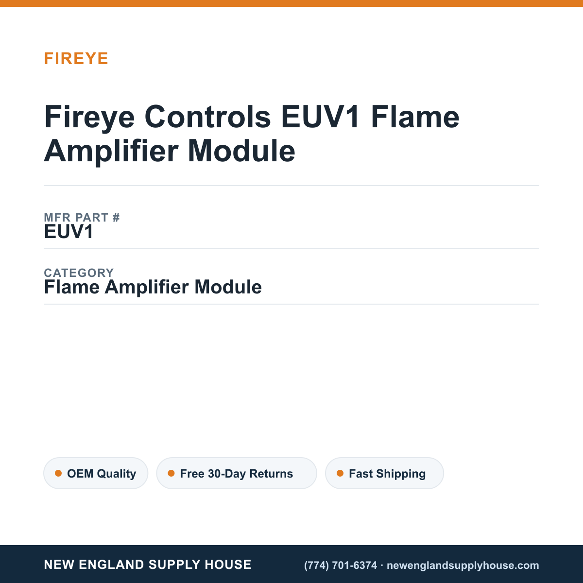 Fireye Controls EUV1 Flame Amplifier Module — New England Supply House spec card [NESH-SPEC-CARD-V2]