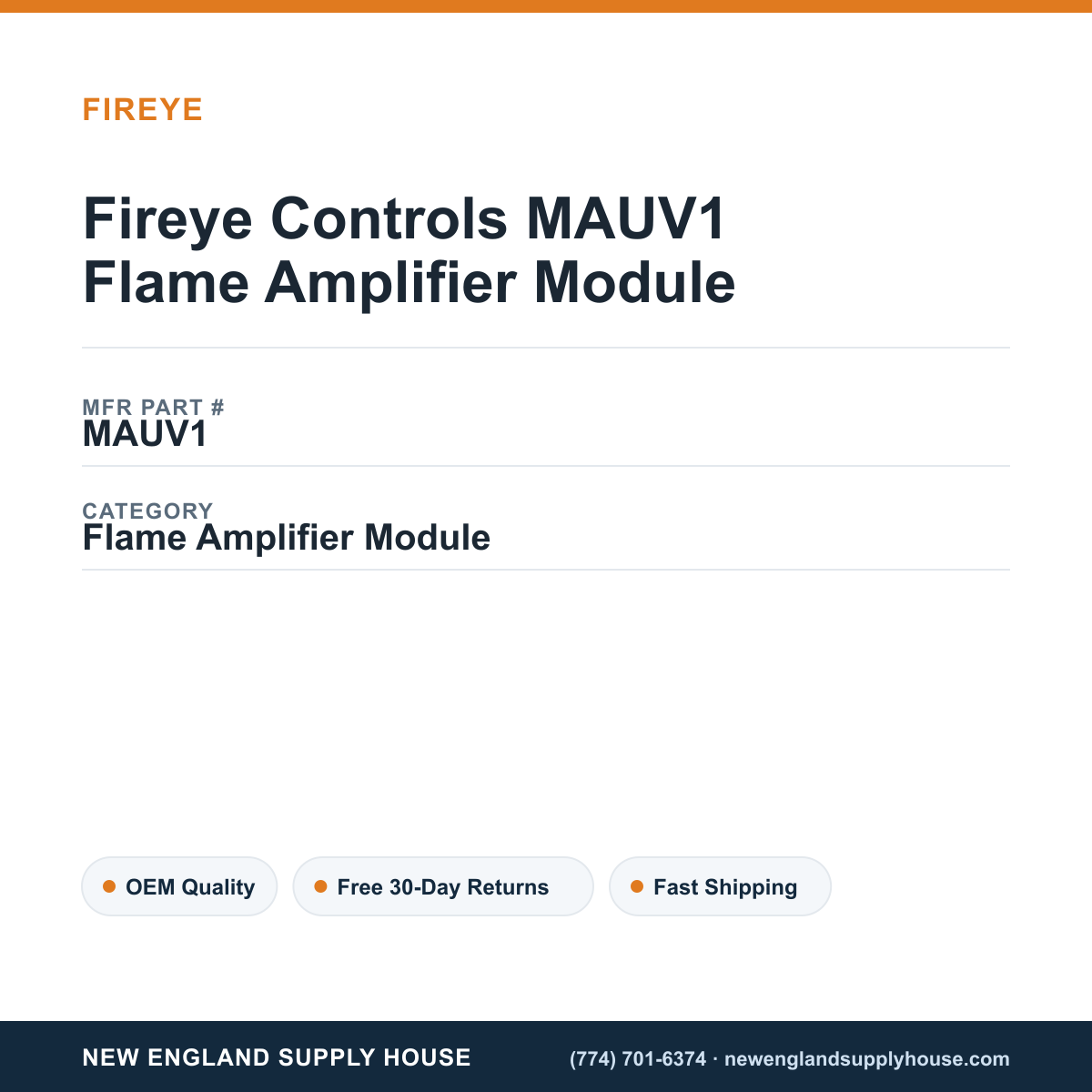 Fireye Controls MAUV1 Flame Amplifier Module — New England Supply House spec card [NESH-SPEC-CARD-V2]