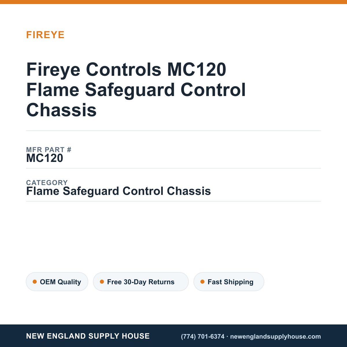 Fireye Controls MC120 Flame Safeguard Control Chassis — New England Supply House spec card [NESH-SPEC-CARD-V2]