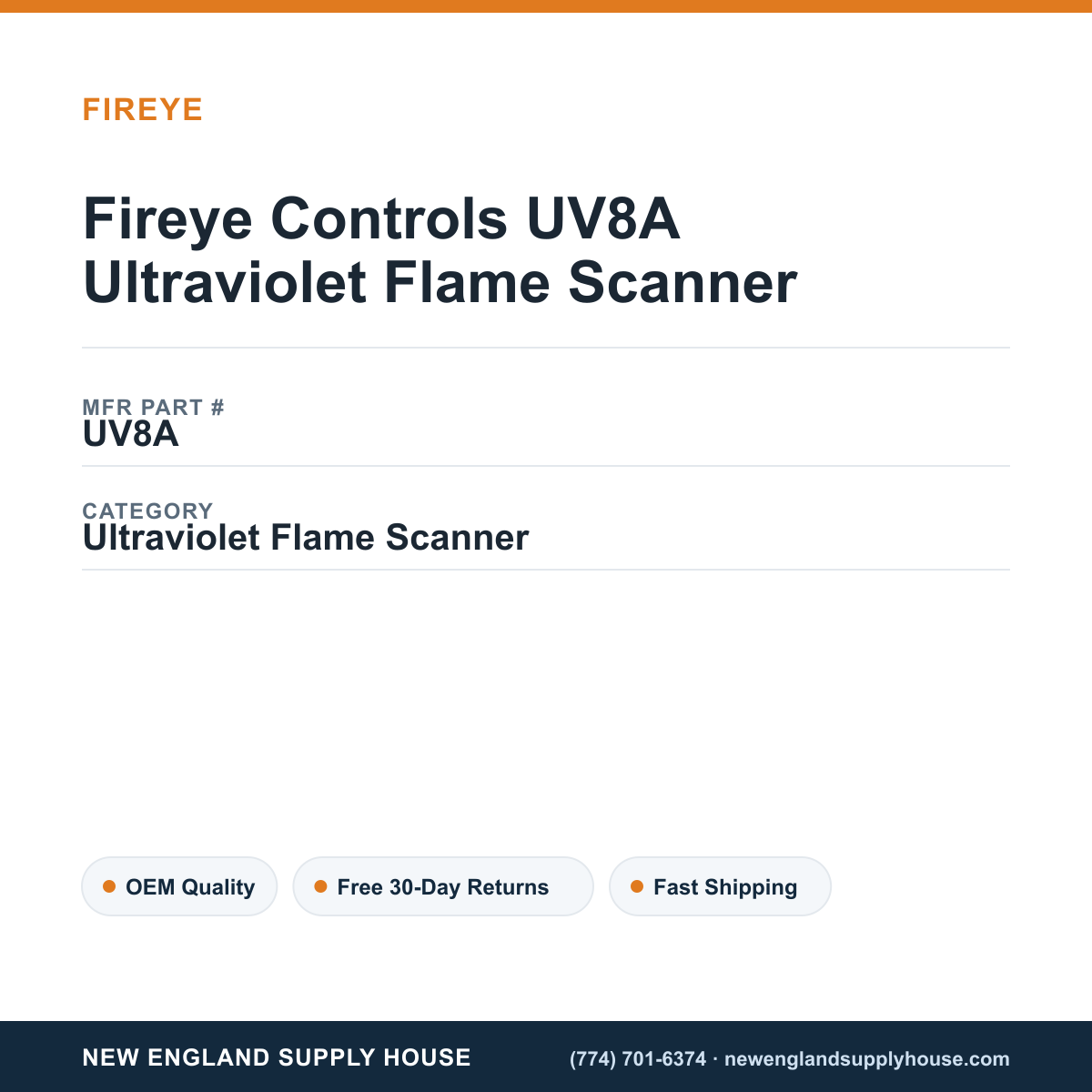 Fireye Controls UV8A Ultraviolet Flame Scanner — New England Supply House spec card [NESH-SPEC-CARD-V2]