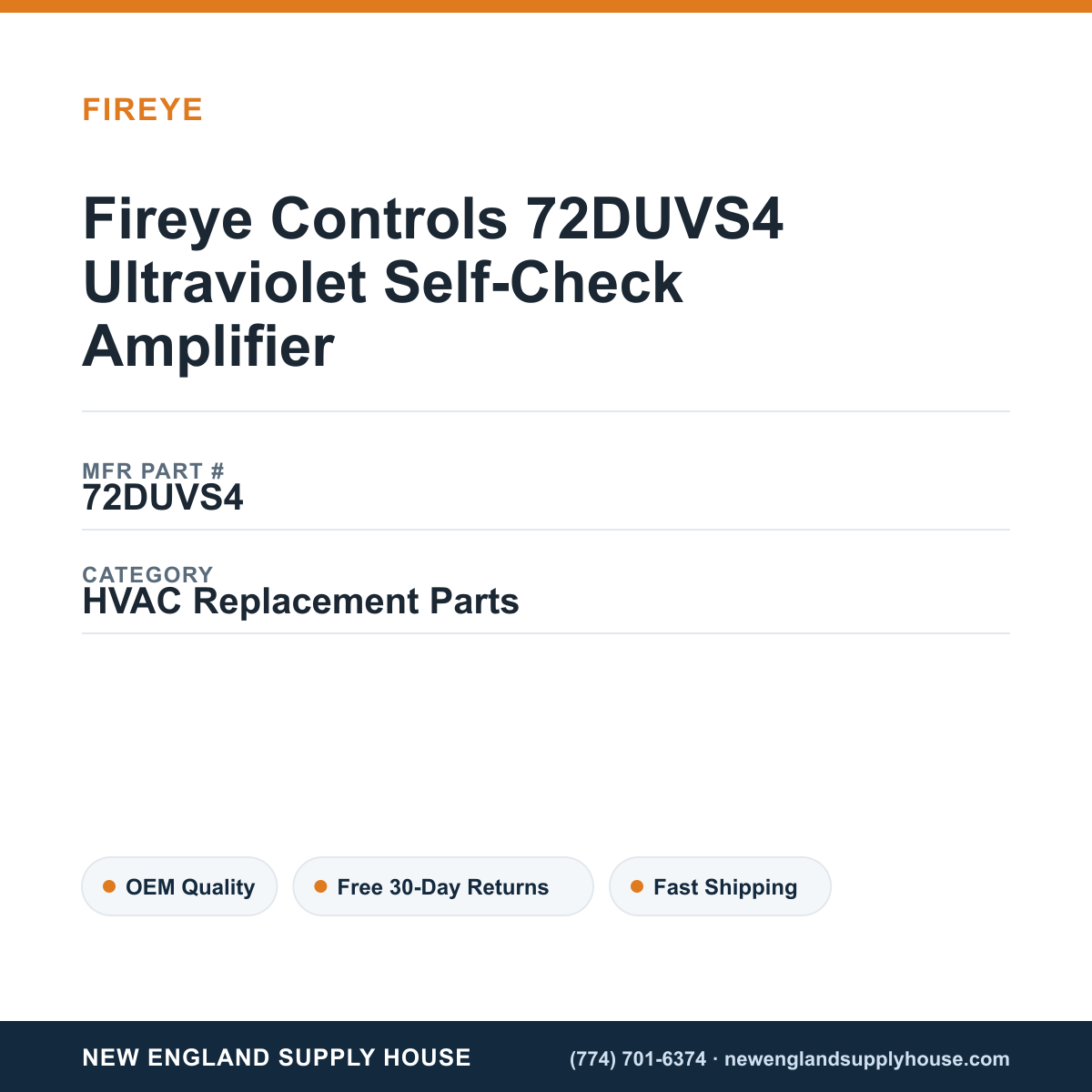Fireye Controls 72DUVS4 Ultraviolet Self-Check Amplifier — New England Supply House spec card [NESH-SPEC-CARD-V2]