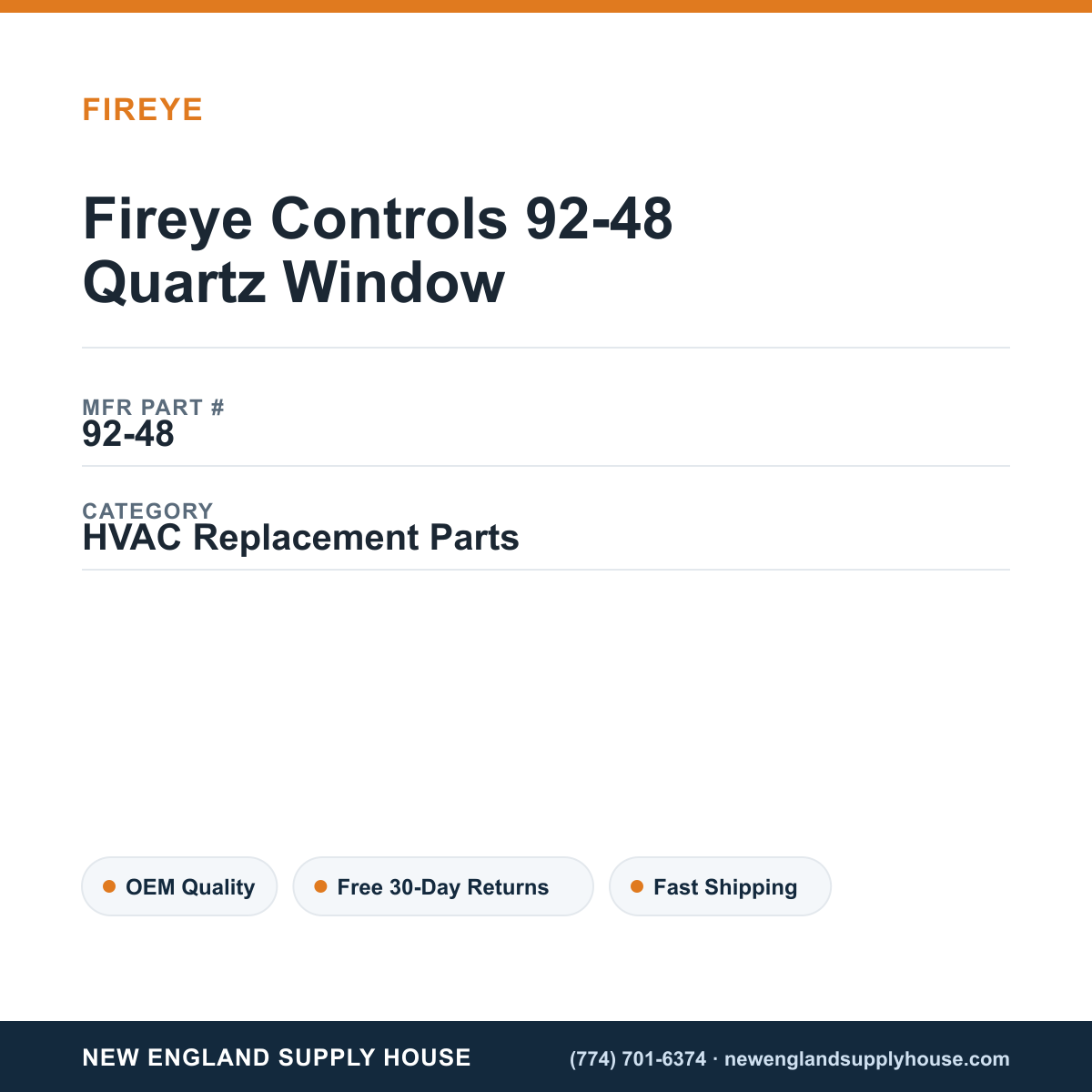 Fireye Controls 92-48 Quartz Window — New England Supply House spec card [NESH-SPEC-CARD-V2]