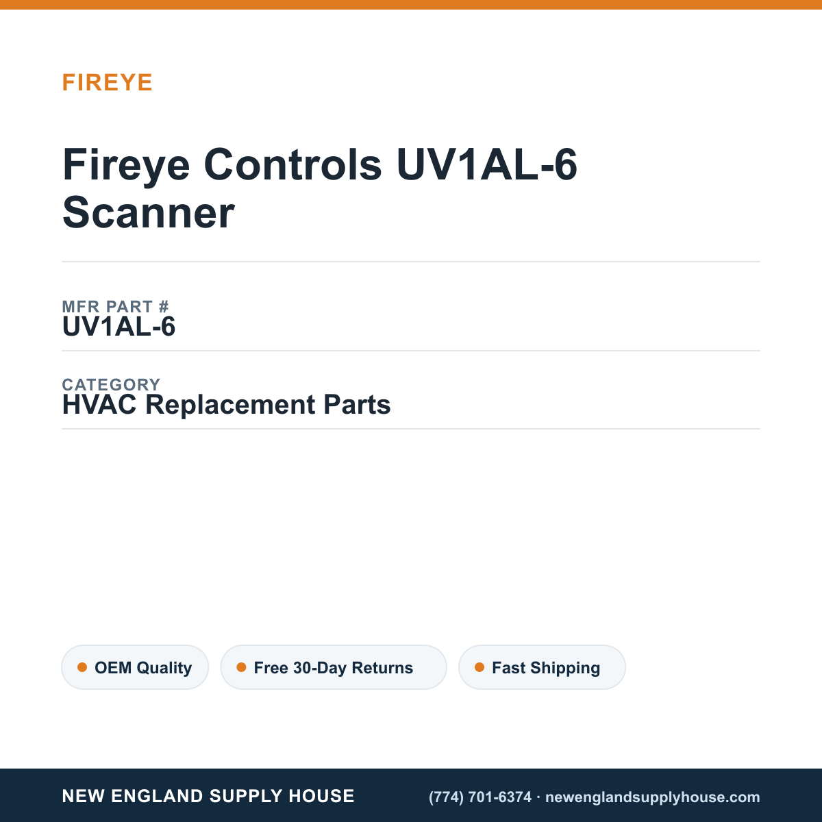 Fireye Controls UV1AL-6 Scanner — New England Supply House spec card [NESH-SPEC-CARD-V2]