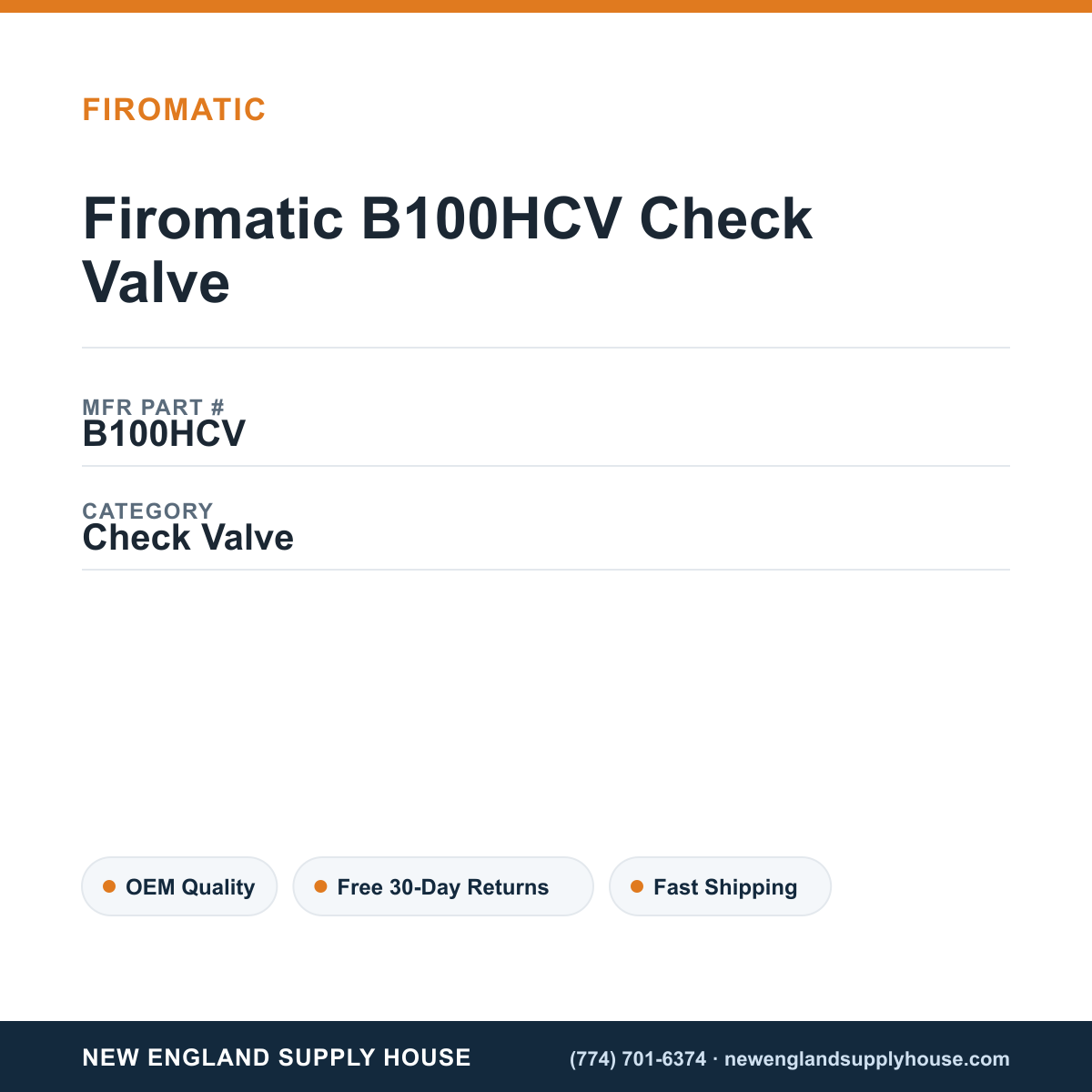 Firomatic B100HCV Check Valve — New England Supply House spec card [NESH-SPEC-CARD-V2]