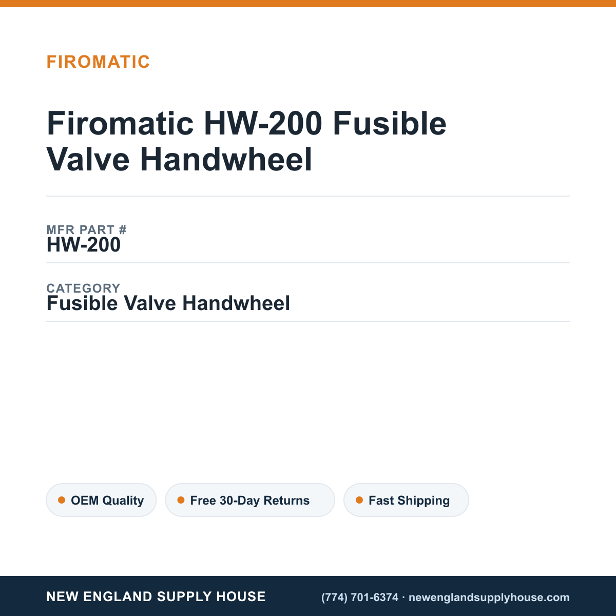 Firomatic HW-200 Fusible Valve Handwheel — New England Supply House spec card [NESH-SPEC-CARD-V2]
