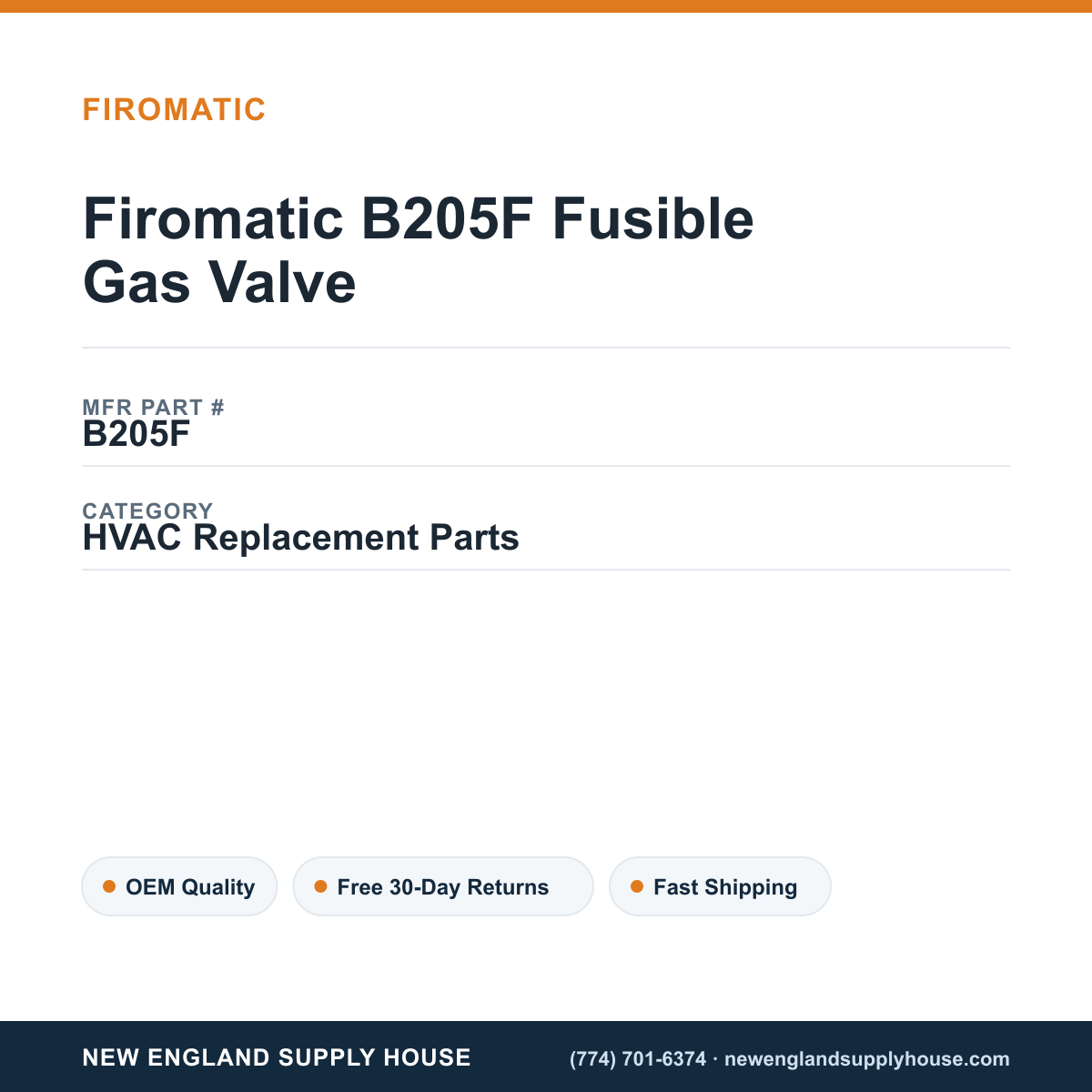 Firomatic B205F Fusible Gas Valve — New England Supply House spec card [NESH-SPEC-CARD-V2]