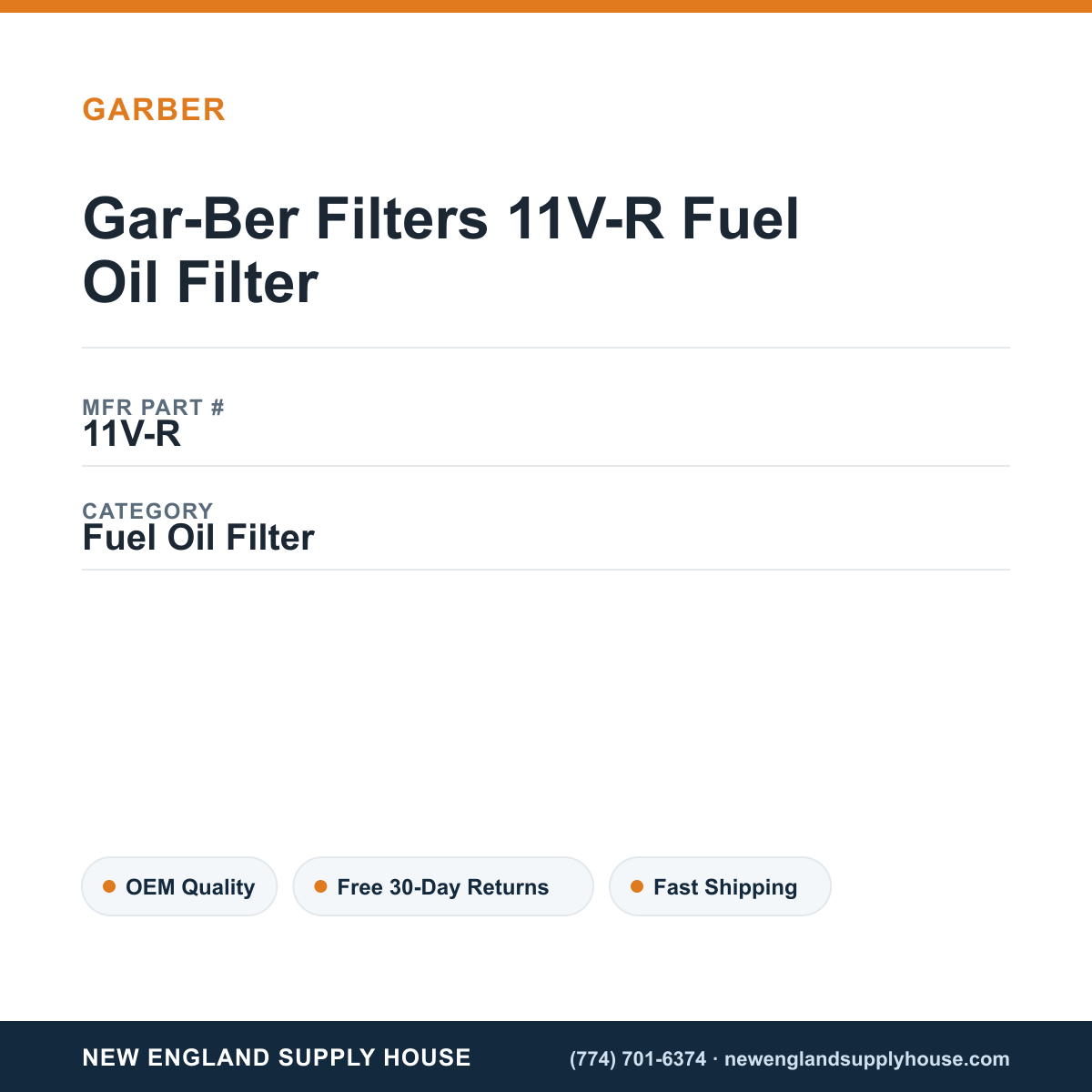 Gar-Ber Filters 11V-R Fuel Oil Filter — New England Supply House spec card [NESH-SPEC-CARD-V2]