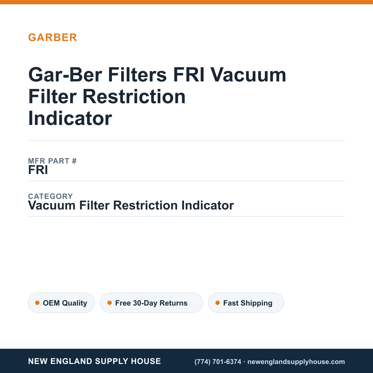 Gar-Ber Filters FRI Vacuum Filter Restriction Indicator — New England Supply House spec card [NESH-SPEC-CARD-V2]