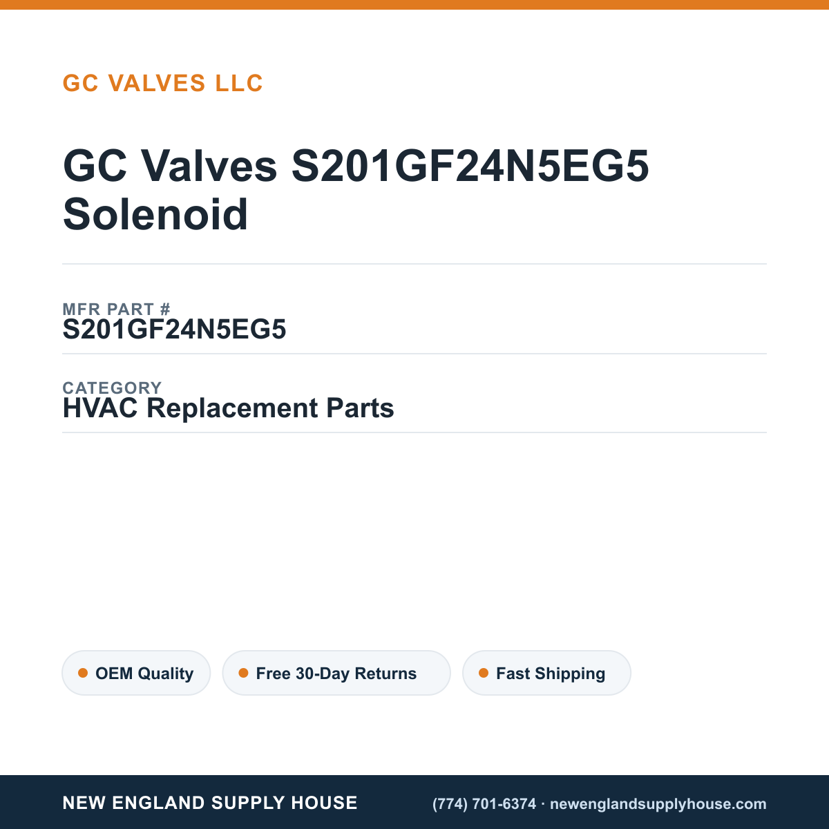 GC Valves S201GF24N5EG5 Solenoid — New England Supply House spec card [NESH-SPEC-CARD-V2]