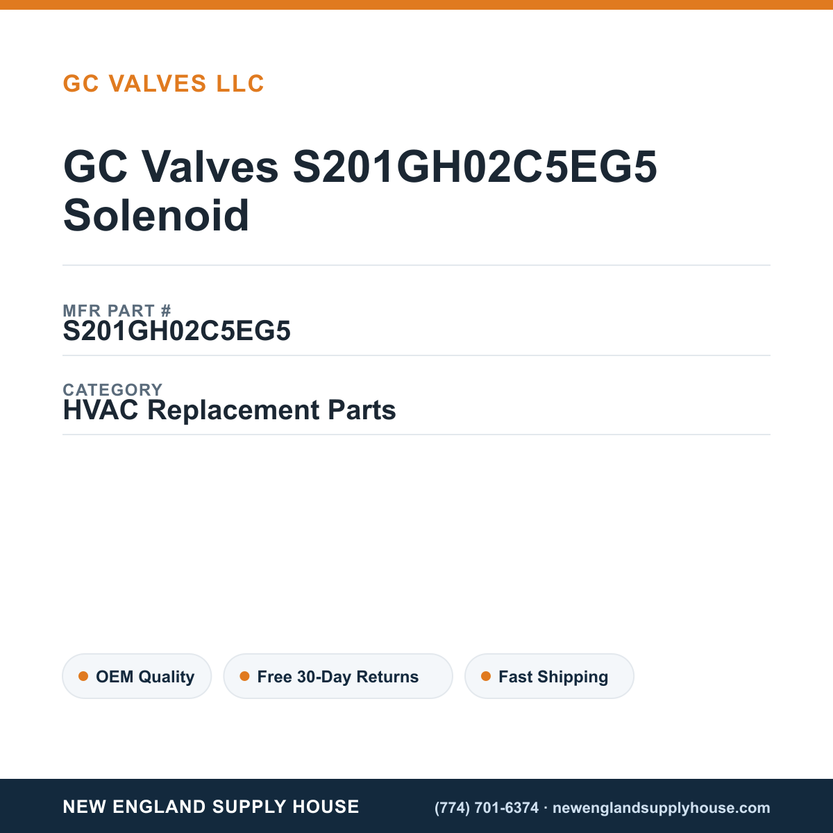 GC Valves S201GH02C5EG5 Solenoid — New England Supply House spec card [NESH-SPEC-CARD-V2]