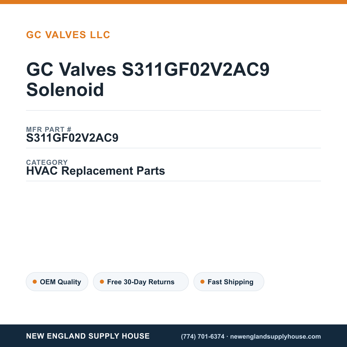 GC Valves S311GF02V2AC9 Solenoid — New England Supply House spec card [NESH-SPEC-CARD-V2]