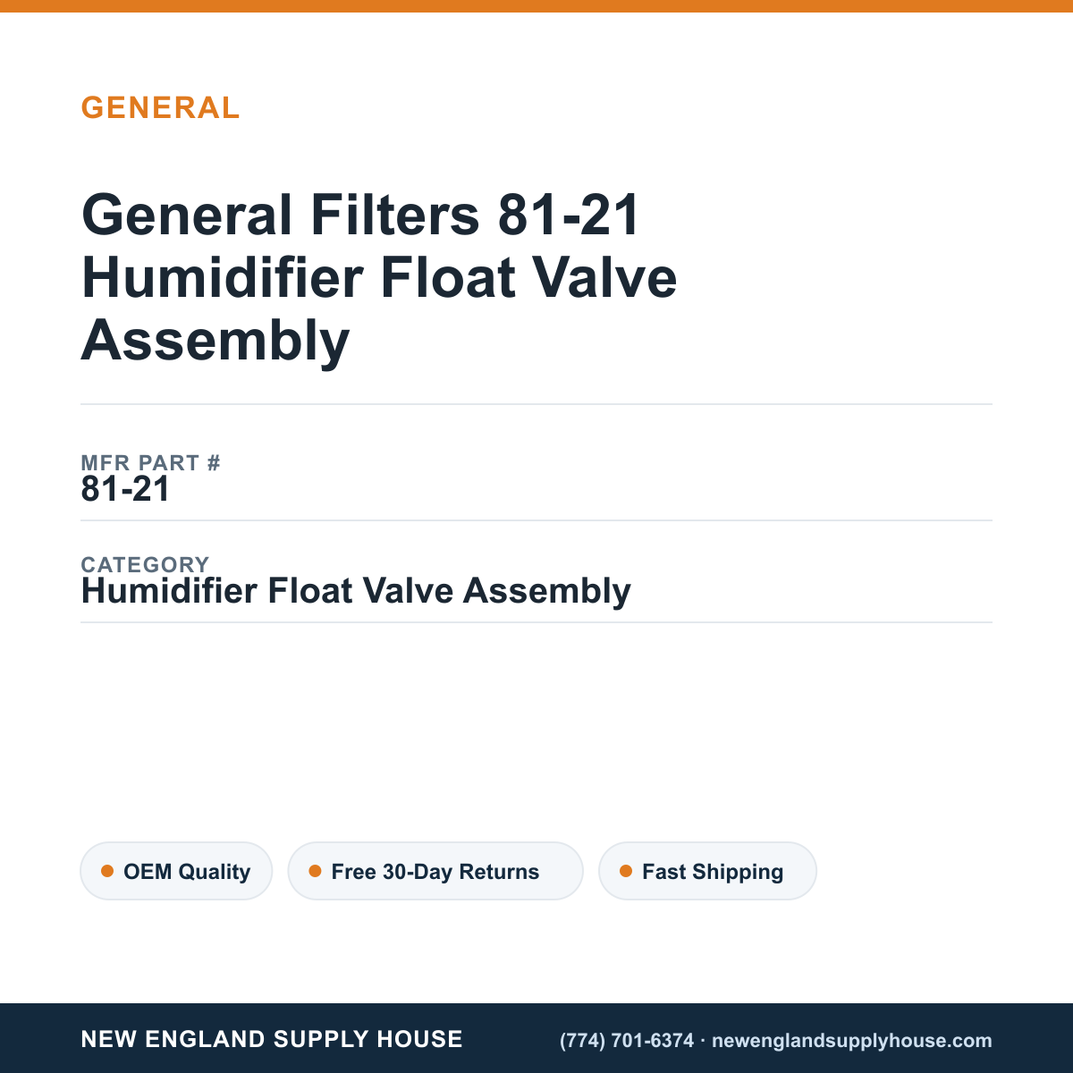 General Filters 81-21 Humidifier Float Valve Assembly — New England Supply House spec card [NESH-SPEC-CARD-V2]