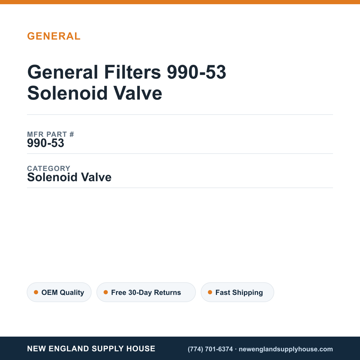 General Filters 990-53 Solenoid Valve — New England Supply House spec card [NESH-SPEC-CARD-V2]