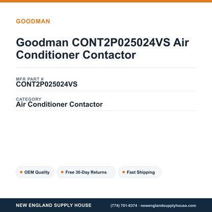 Goodman CONT2P025024VS Air Conditioner Contactor — New England Supply House spec card [NESH-SPEC-CARD-V2]