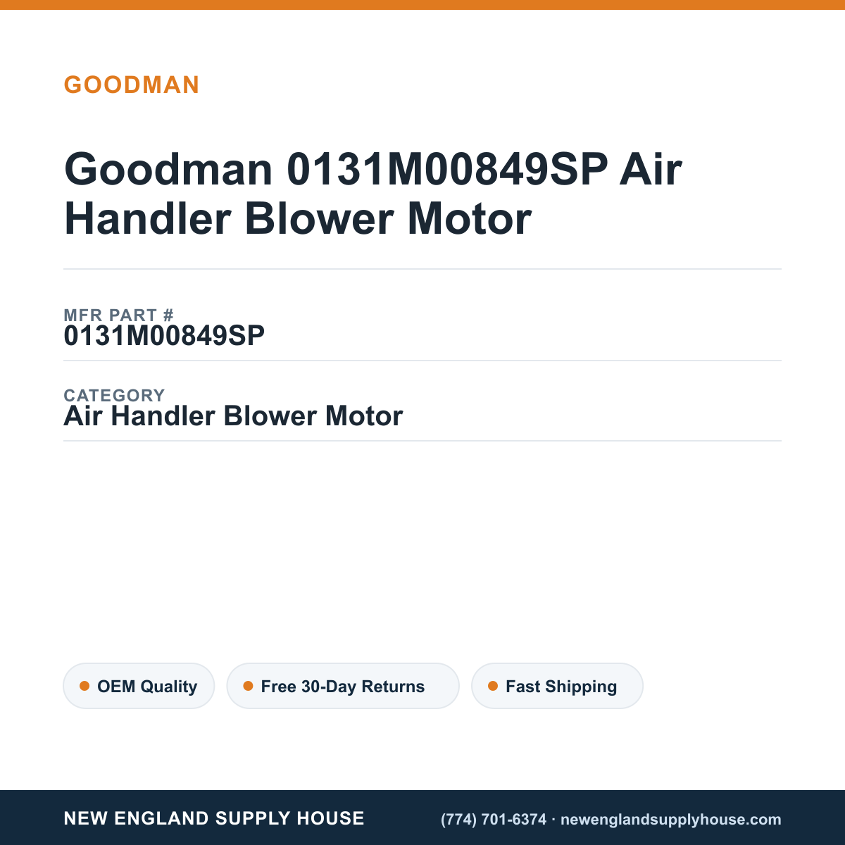 Goodman 0131M00849SP Air Handler Blower Motor — New England Supply House spec card [NESH-SPEC-CARD-V2]