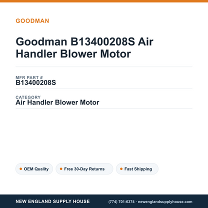 Goodman B13400208S Air Handler Blower Motor — New England Supply House spec card [NESH-SPEC-CARD-V2]